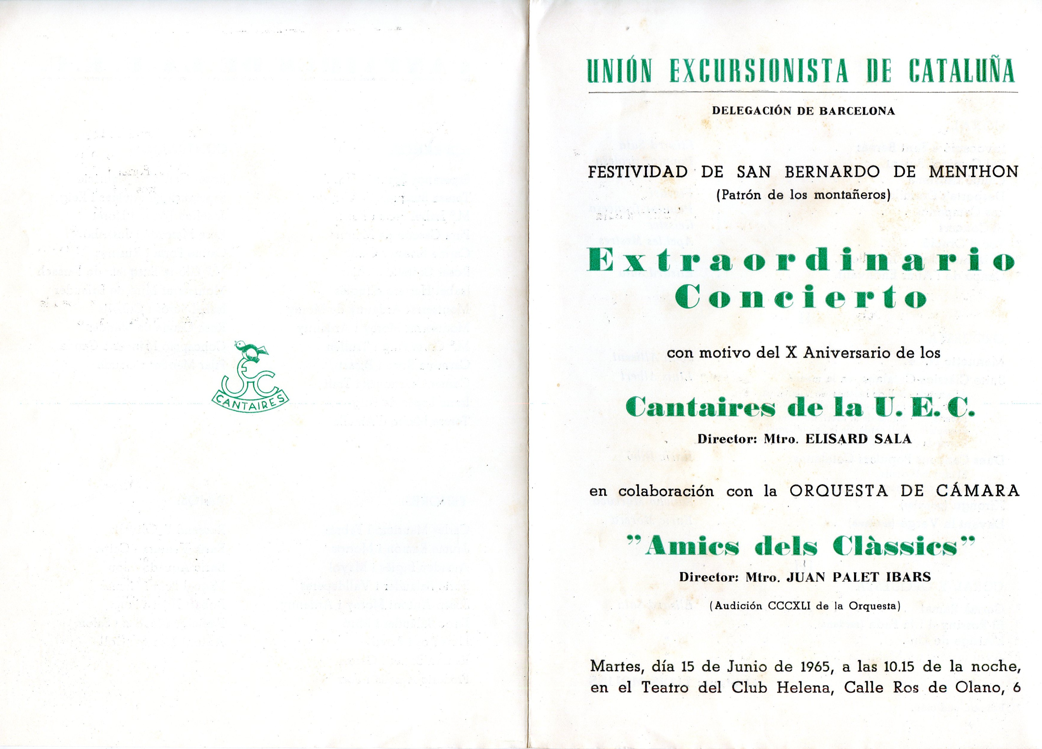 Festividad de San Bernardo de Menthón (Patrón de los montañeros) : Extraordinario Concierto con motivo del X Aniversario de los Cantaires de la U.E.C. : Director Mtro. Elisard Sala - Portada